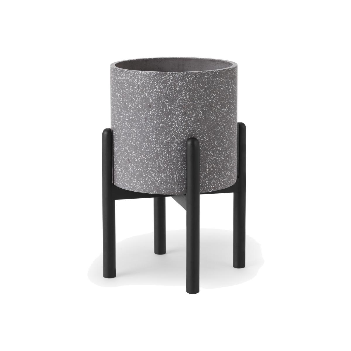 Hakuun Tall Terrazzo Plant Pot with with Rubberwood Legs, Grey & Black – image 1