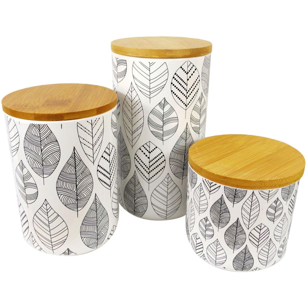 Set of Three Ceramic Leaves Floral Storage Canisters with Lids - White – image 2