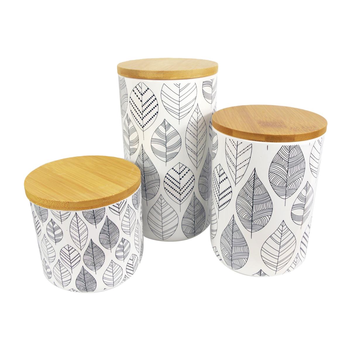 Set of Three Ceramic Leaves Floral Storage Canisters with Lids - White – image 1