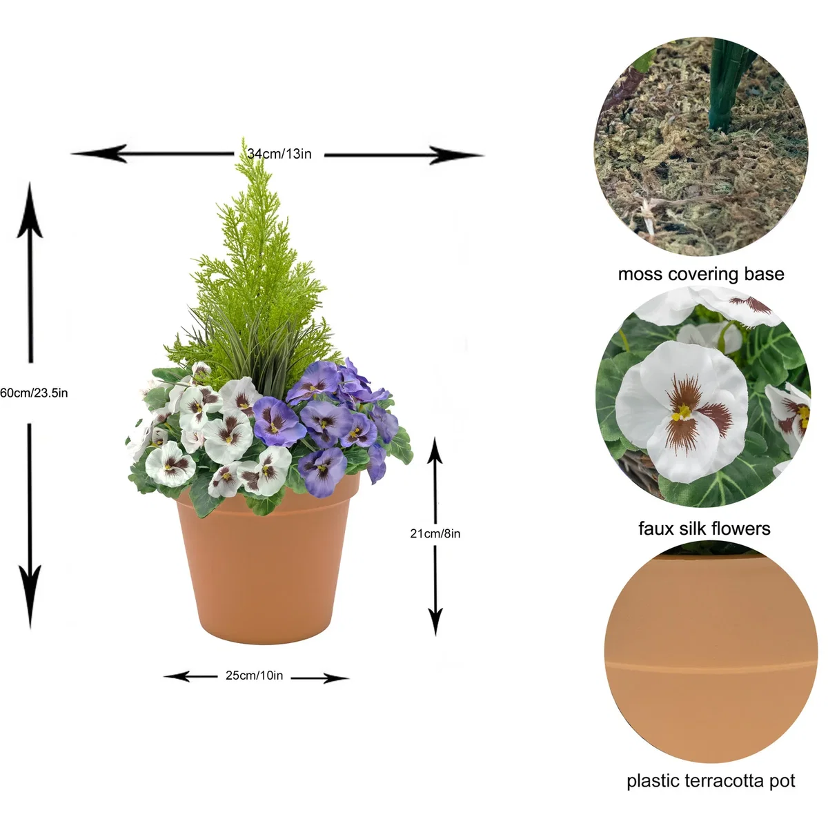 Artificial Purple and White Pansies in Terracotta Pot Patio Planter - Purple and White – image 5