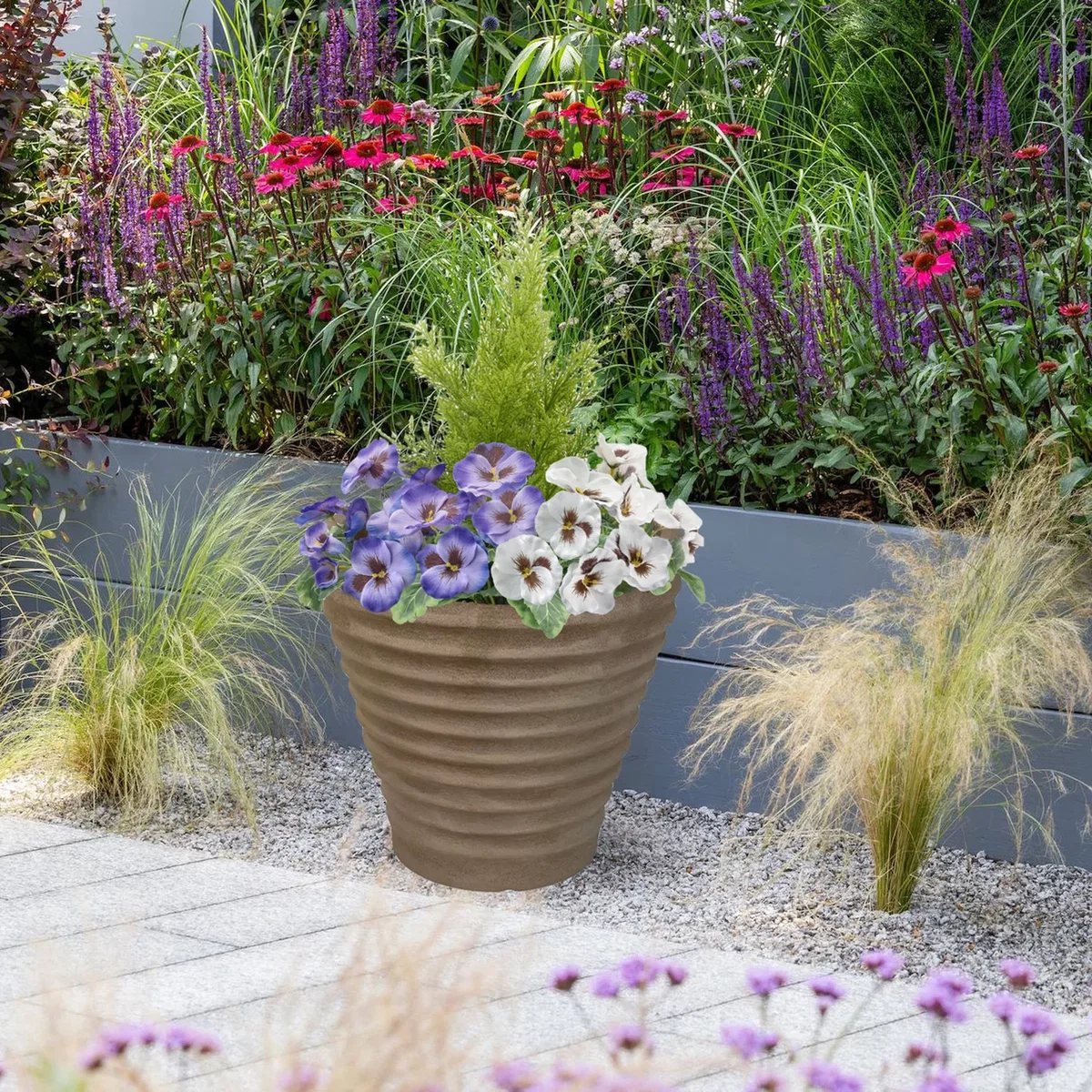 Artificial Purple and White Pansies in Terracotta Pot Patio Planter - Purple and White – image 6