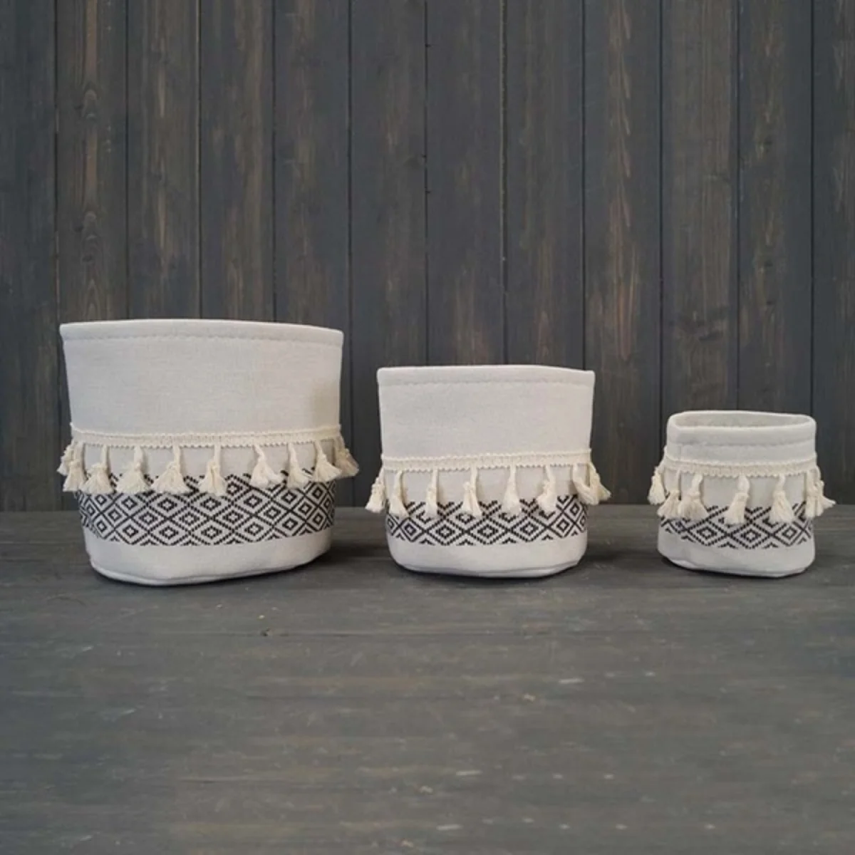 Large Cylinder White and Black Cotton Planter with Tassels - White – image 2