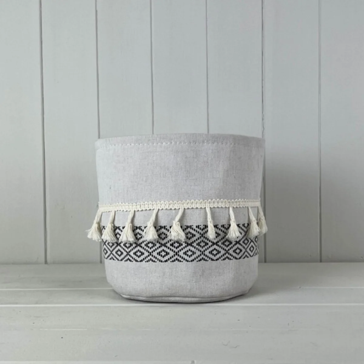 Large Cylinder White and Black Cotton Planter with Tassels - White – image 1