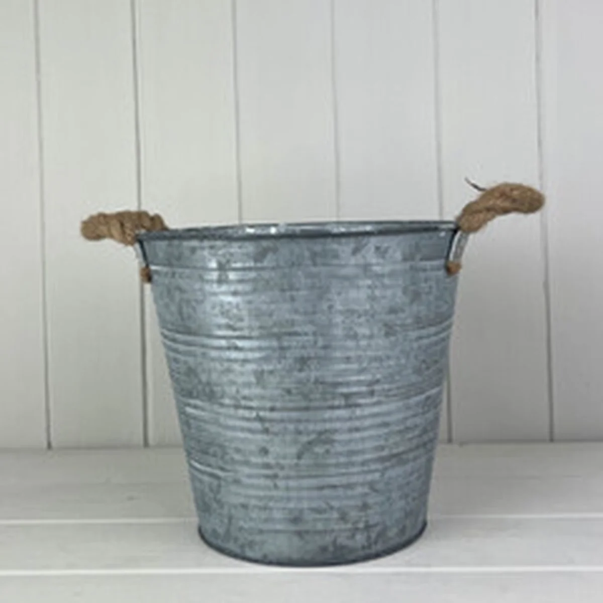 Grey Textured Ribbed Zinc Bucket with Hessian Ears - Grey