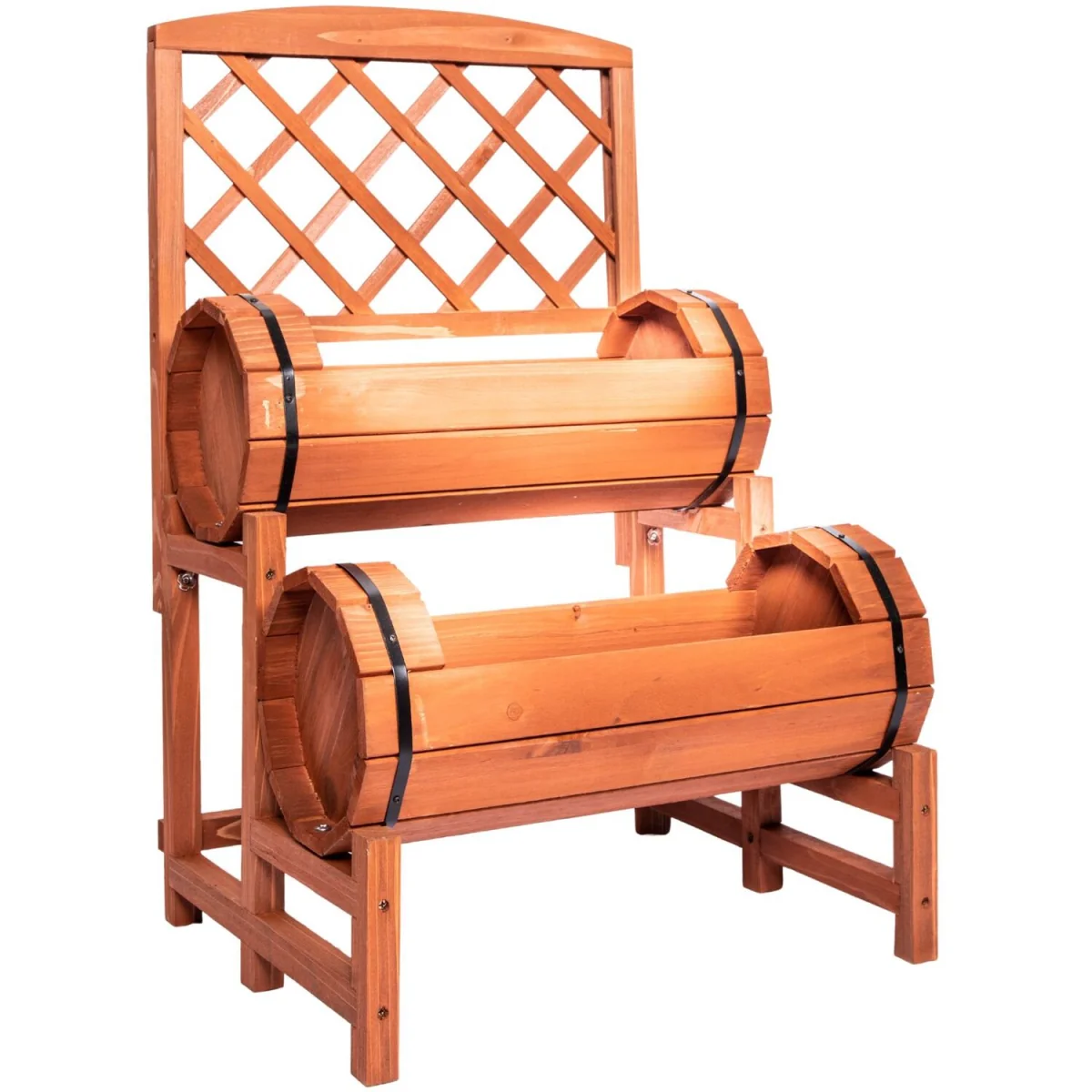 Stained Wooden Two Tiered Designed Barrel Decorative Garden Planter - Yellow – image 2