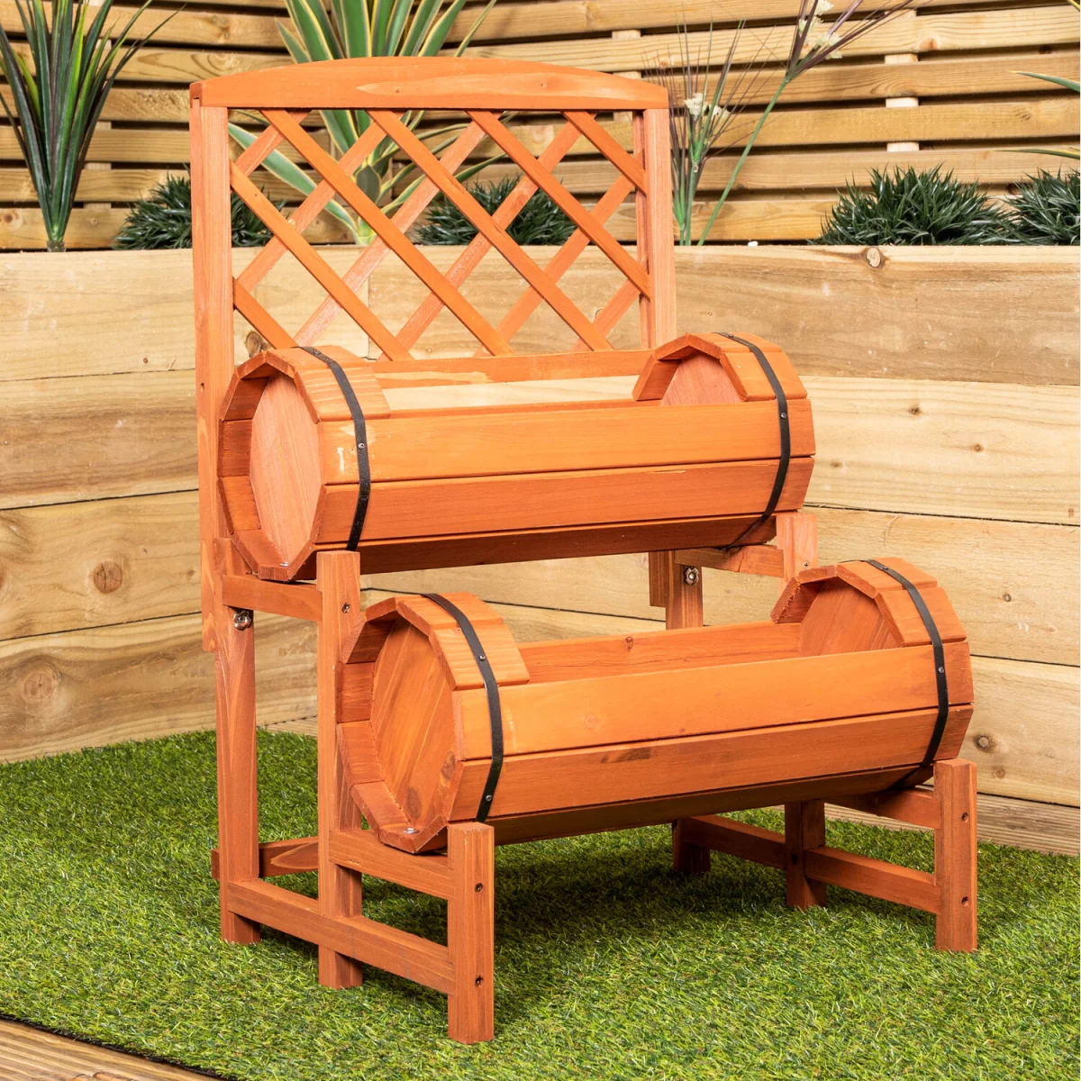 Stained Wooden Two Tiered Designed Barrel Decorative Garden Planter - Yellow – image 4