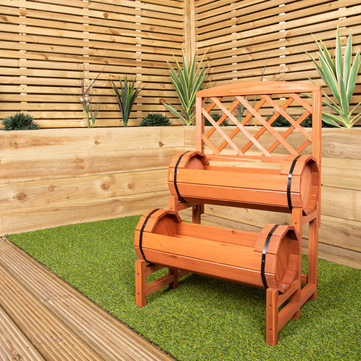 Stained Wooden Two Tiered Designed Barrel Decorative Garden Planter - Yellow – image 5
