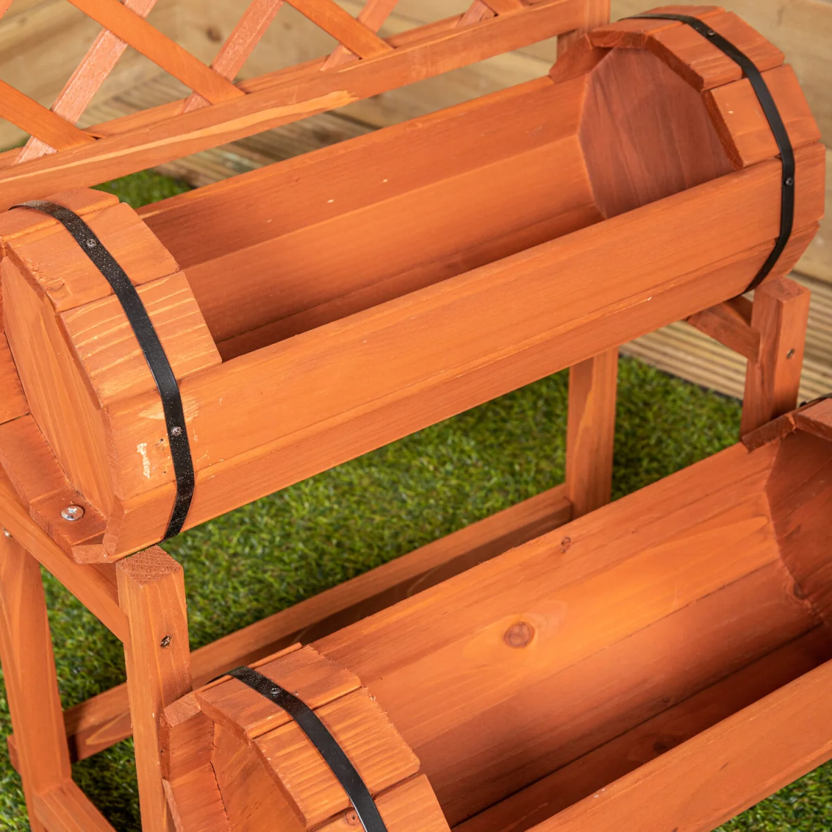 Stained Wooden Two Tiered Designed Barrel Decorative Garden Planter - Yellow – image 6