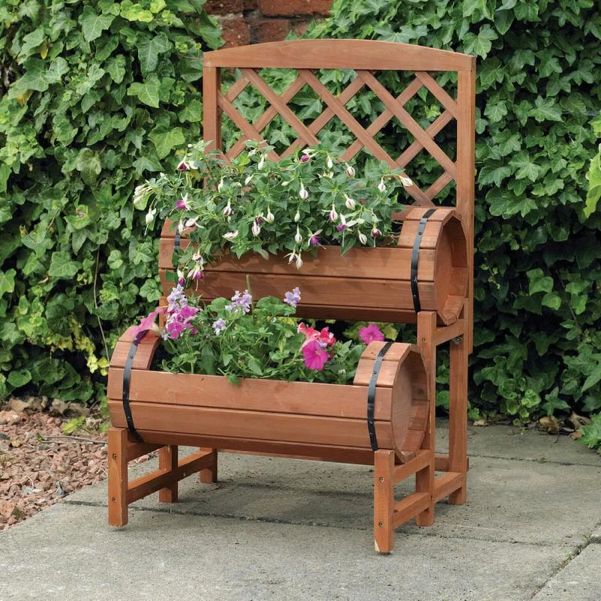 Stained Wooden Two Tiered Designed Barrel Decorative Garden Planter - Yellow – image 1