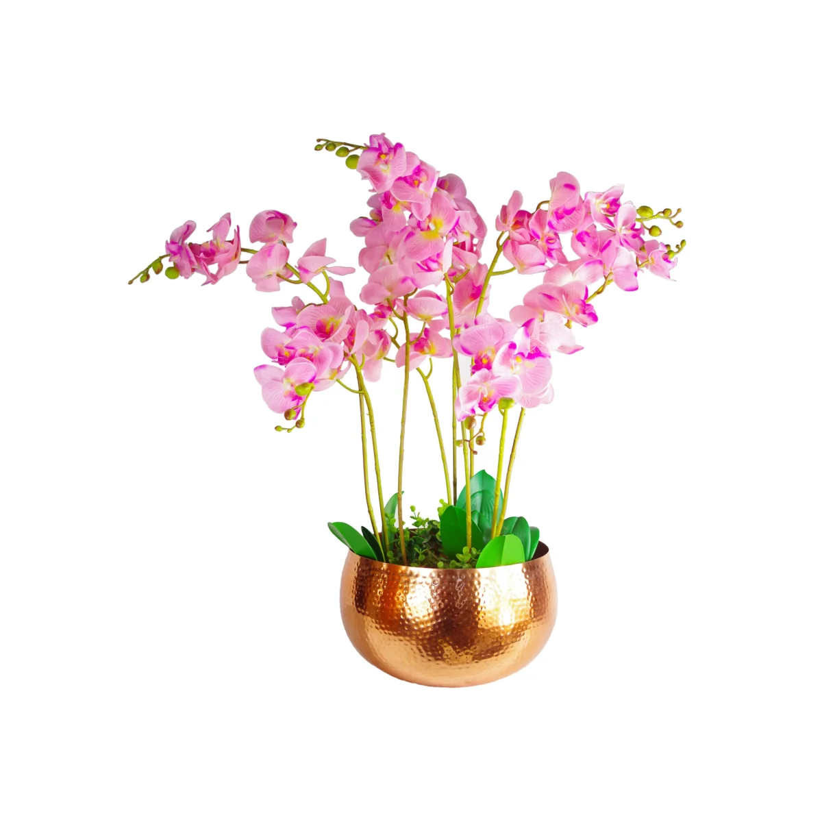 Artificial Orchids Display with XL Metal Bowl Planter - Green