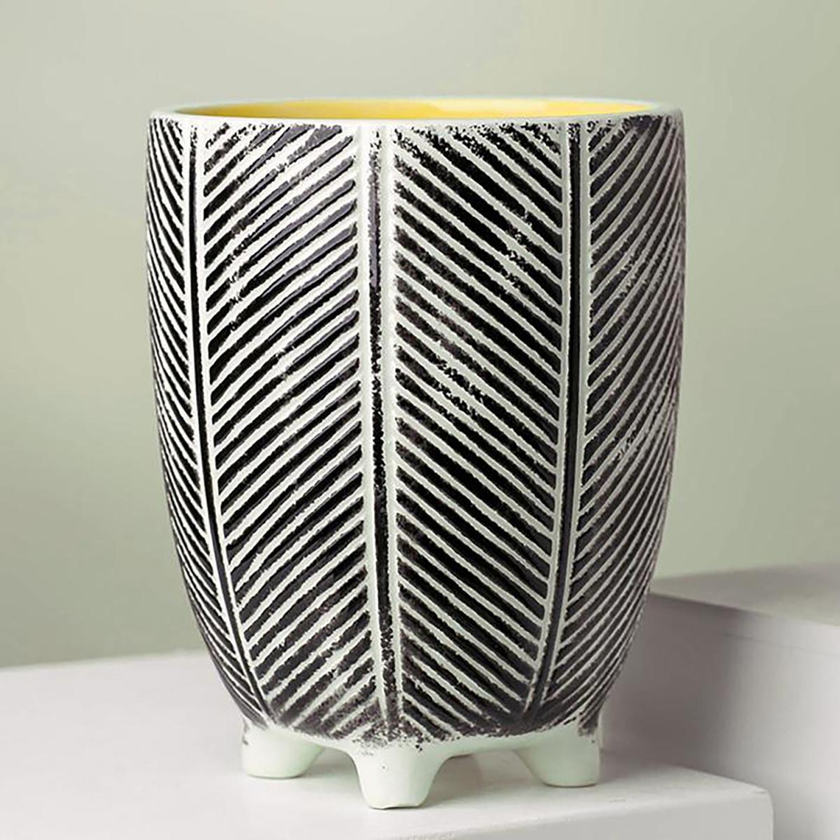Tall Ceramic Planter Plant Pot With Feet Black Stripe - Black