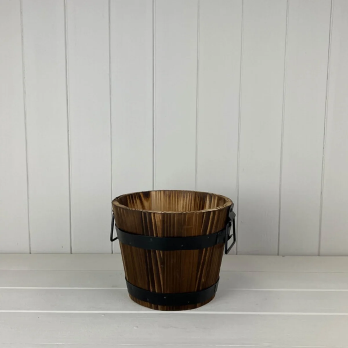 Brown Sturdy Wooden Barrel with 2 Metal Bands and handles - Brown