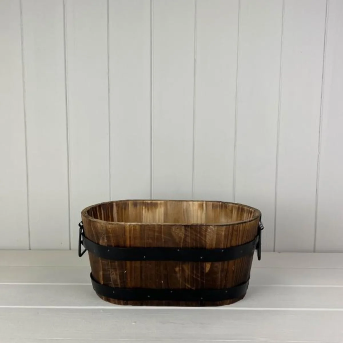 Brown Wooden Oval Planter with 2 Metal Bands and Handles - Brown