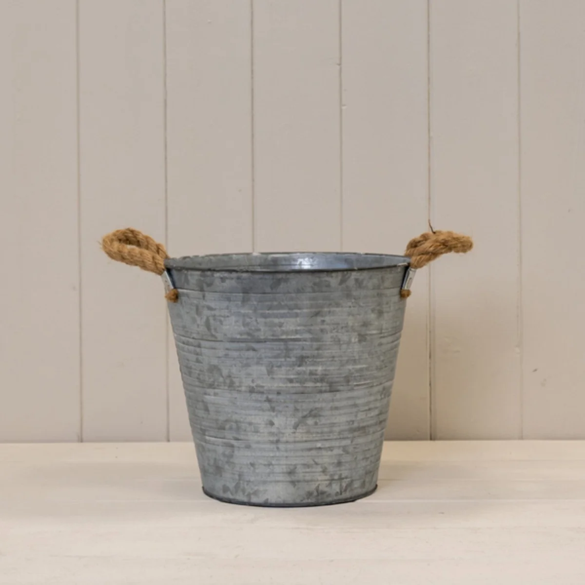 Grey Zinc Bucket with Drainage Holes and Hessian Ears - Grey
