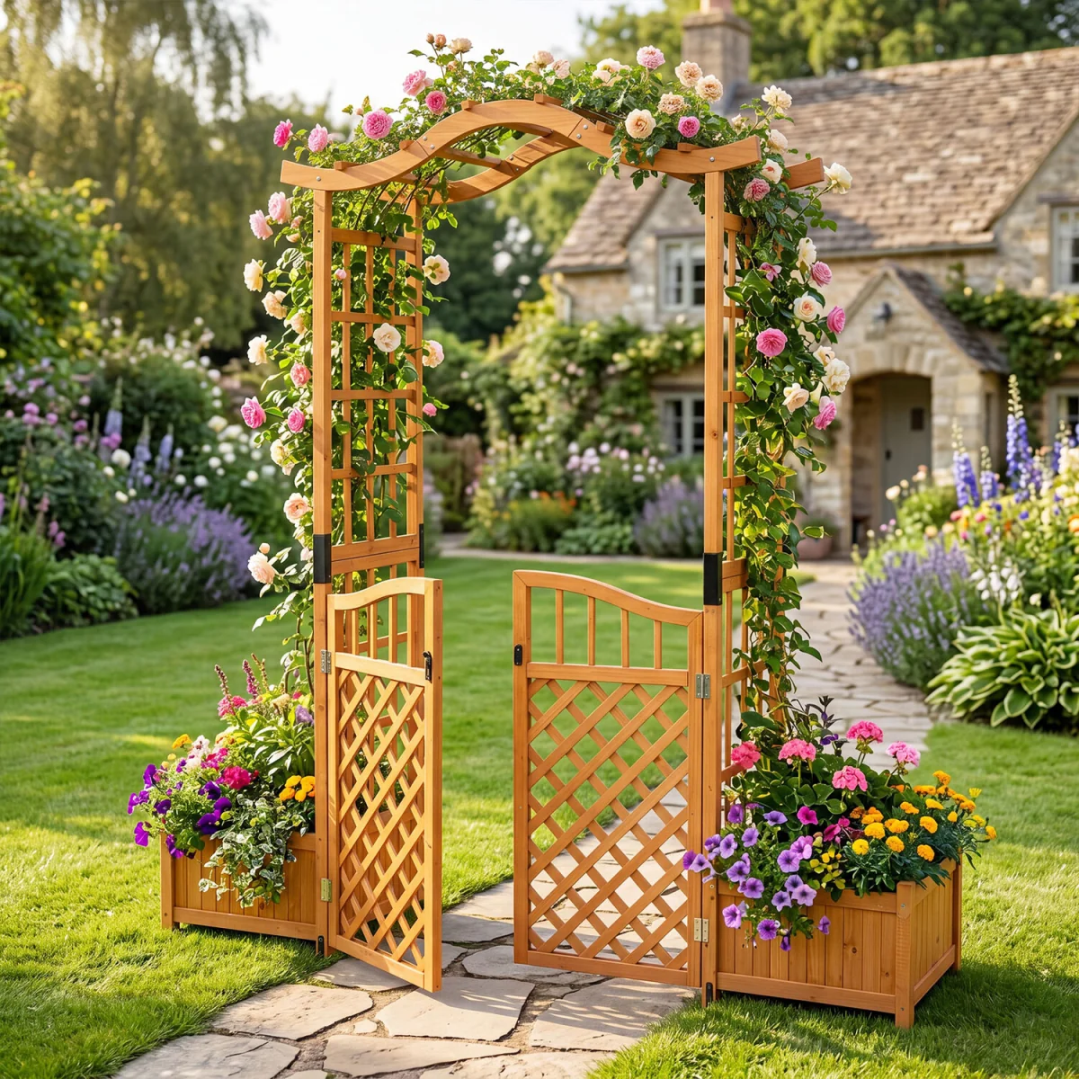 Garden Arbor with Gate and 2 Planter Boxes - Red brown – image 2
