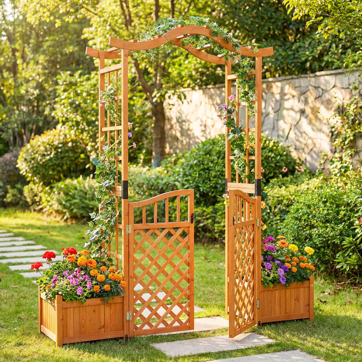 Garden Arbor with Gate and 2 Planter Boxes - Red brown – image 10