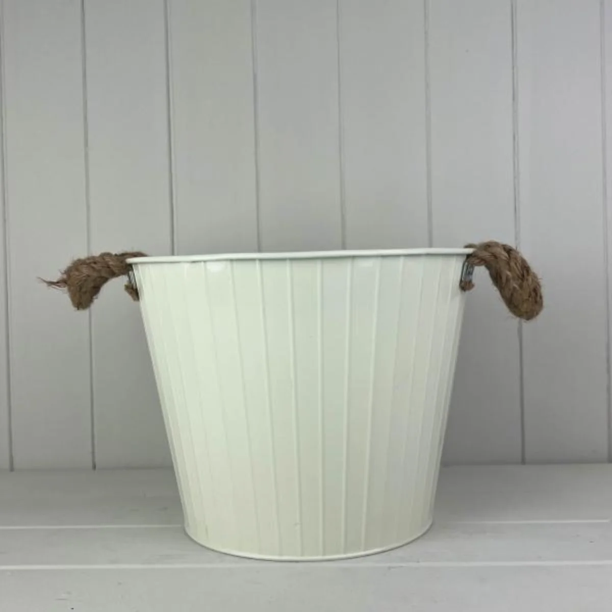 Cream Round Tapered Zinc Planter with Rope Ears and Drainage Hole - Cream