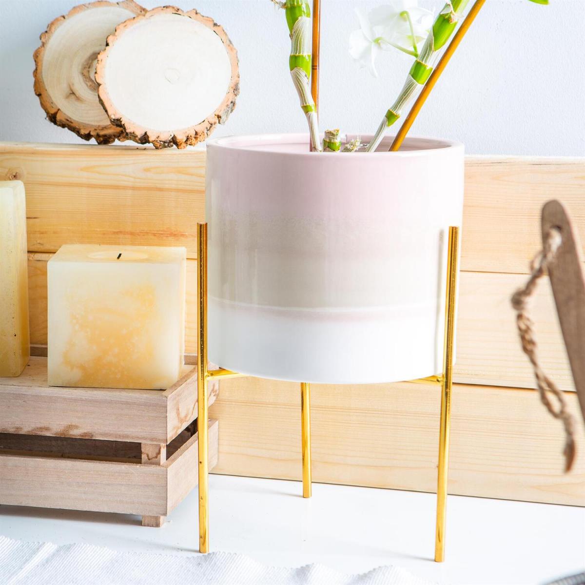 19cm Reactive Glaze Plant Pot on Stand NaturalGold - Natural/Gold – image 2