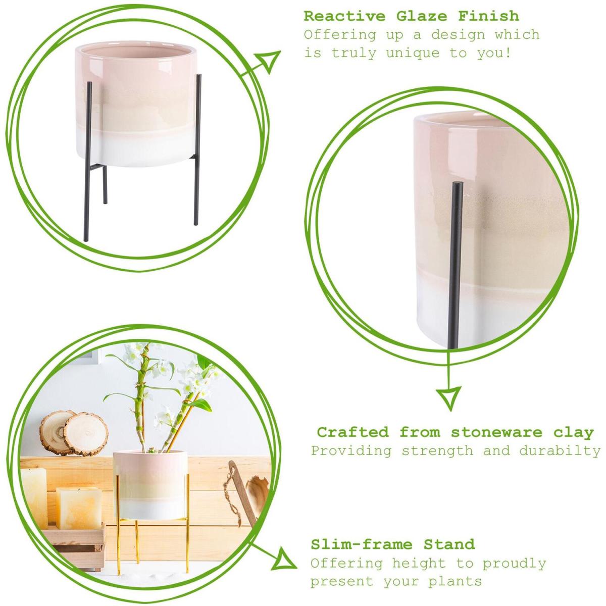 19cm Reactive Glaze Plant Pot on Stand NaturalGold - Natural/Gold – image 3