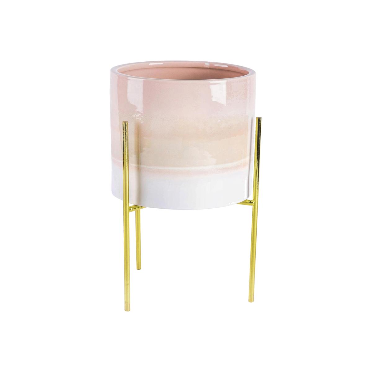 19cm Reactive Glaze Plant Pot on Stand NaturalGold - Natural/Gold – image 1