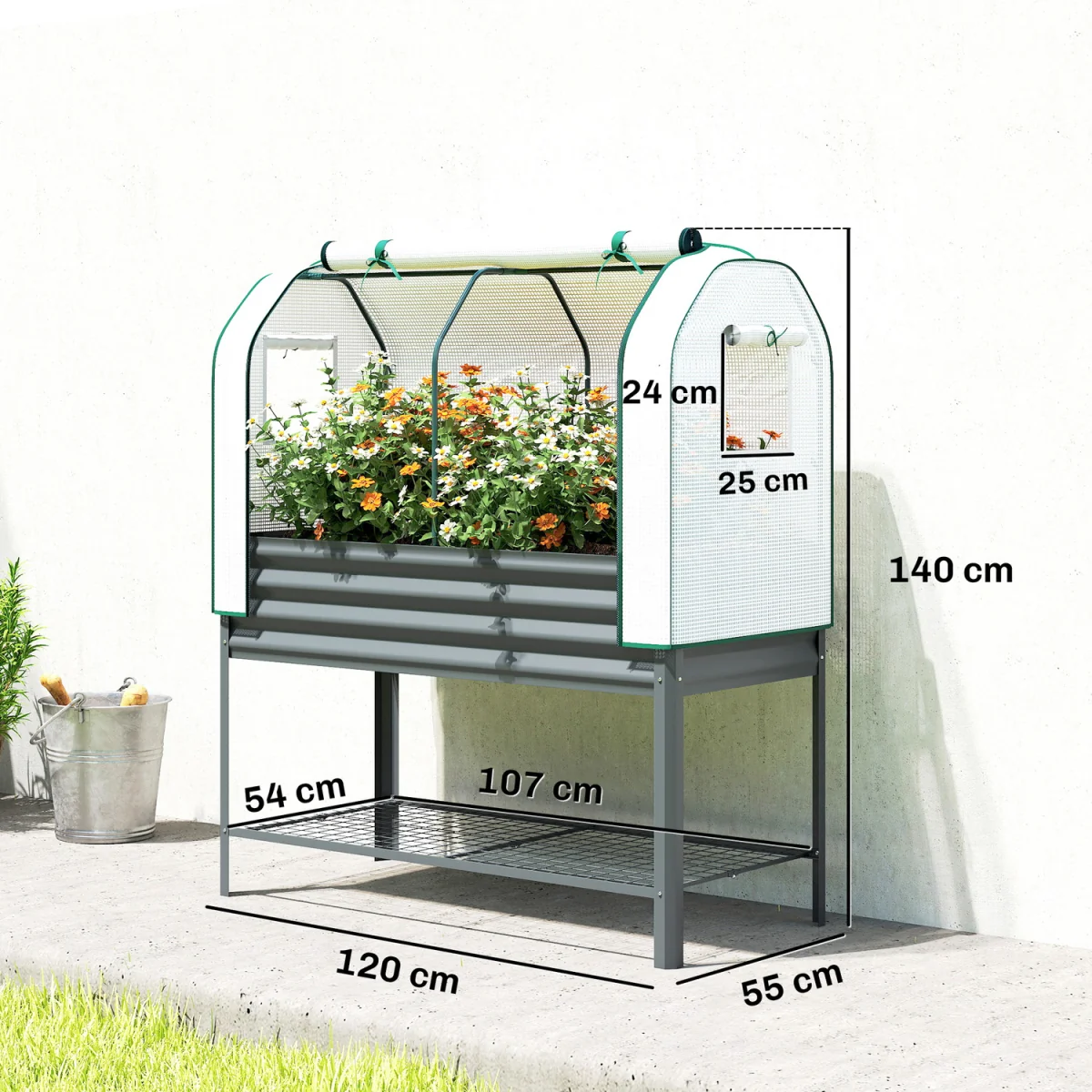Outsunny Galvanised Raised Planter with Cover and Bottom Shelf - Dark Grey – image 2