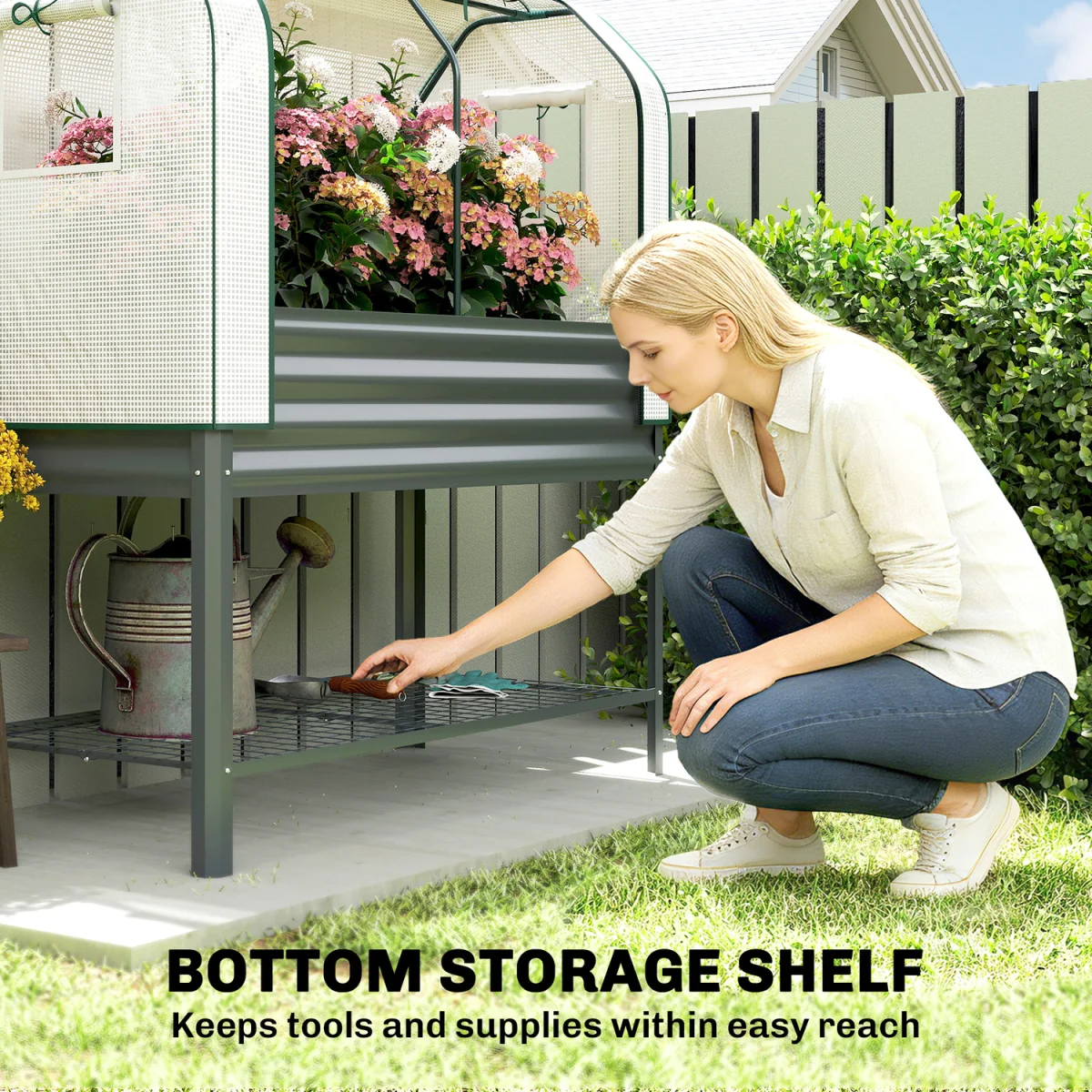 Outsunny Galvanised Raised Planter with Cover and Bottom Shelf - Dark Grey – image 6