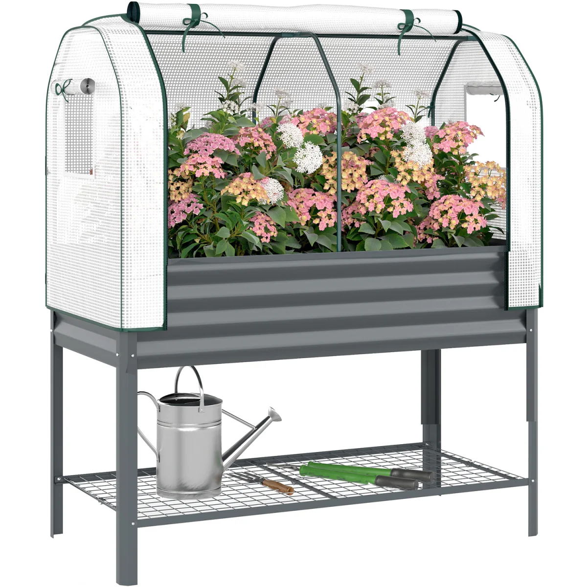 Outsunny Galvanised Raised Planter with Cover and Bottom Shelf - Dark Grey – image 9