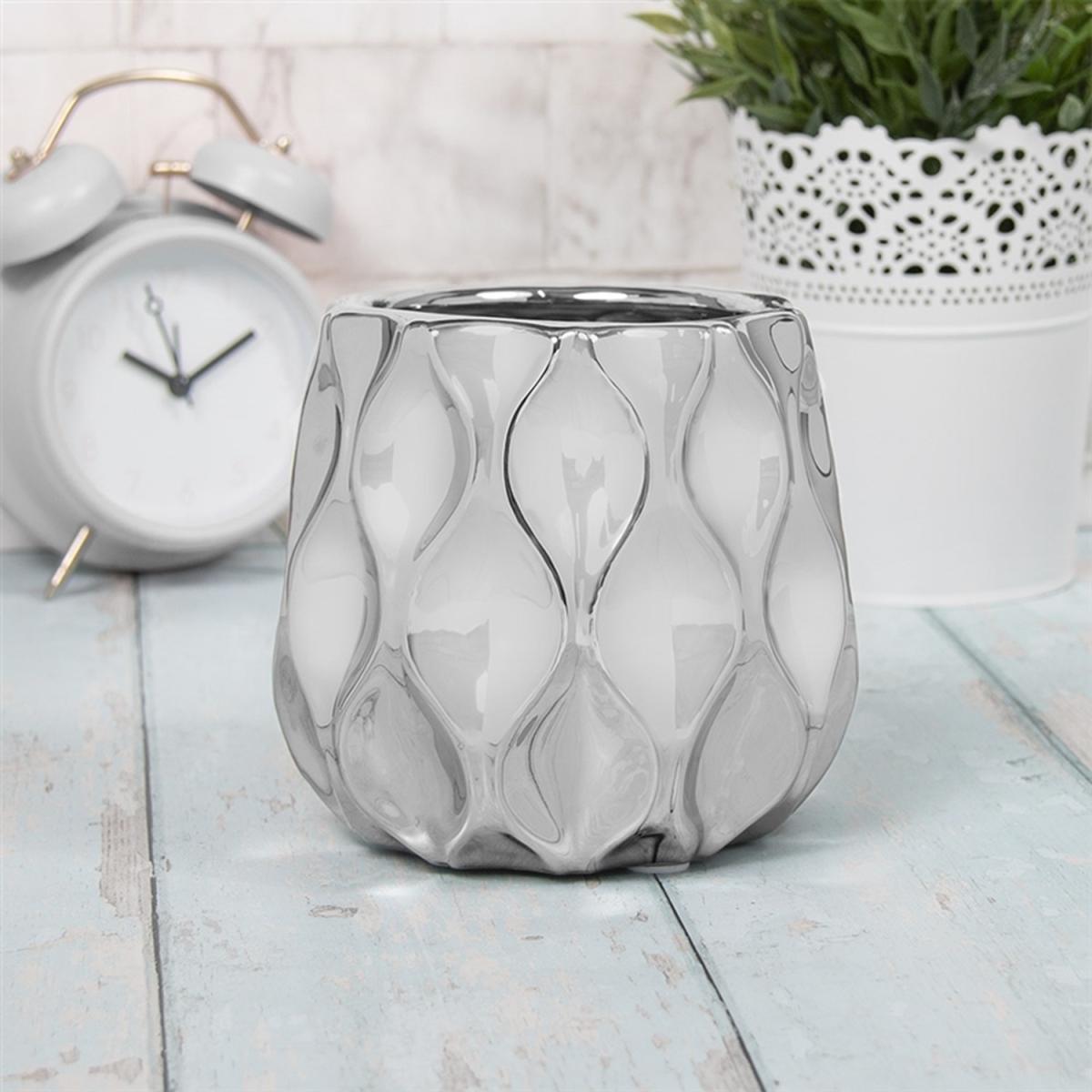 Ceramic Plant Pot Wave Design - Silver - Silver