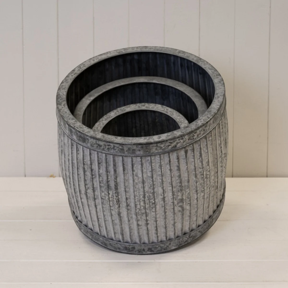 Grey Set of 3 Round Galvanised Ribbed Planter - Grey – image 1