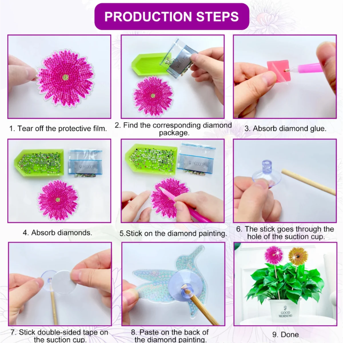 Pack of 8 Flower Plant Pot Stakes Diamond Art Kit - Multi – image 6