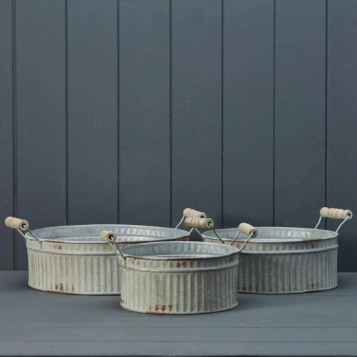 Set of Three Vintage White Ribbed Zinc Planter Bowls - White