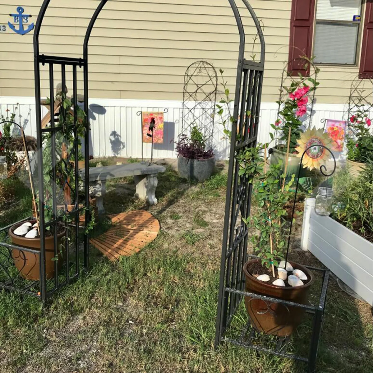 Metal Garden Patio Arch With Planters Rose Arbour Archway Plant Trellis 2014584 - Black – image 2