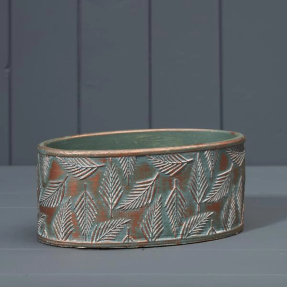 Green and Copper Wash Cement Oval Planter - Copper