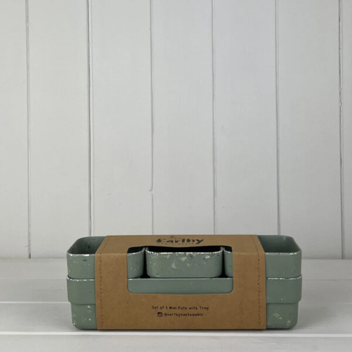 Dark Green Earthy Sage Bamboo Terrazzo Trio Pots with Tray - Pale Green – image 1