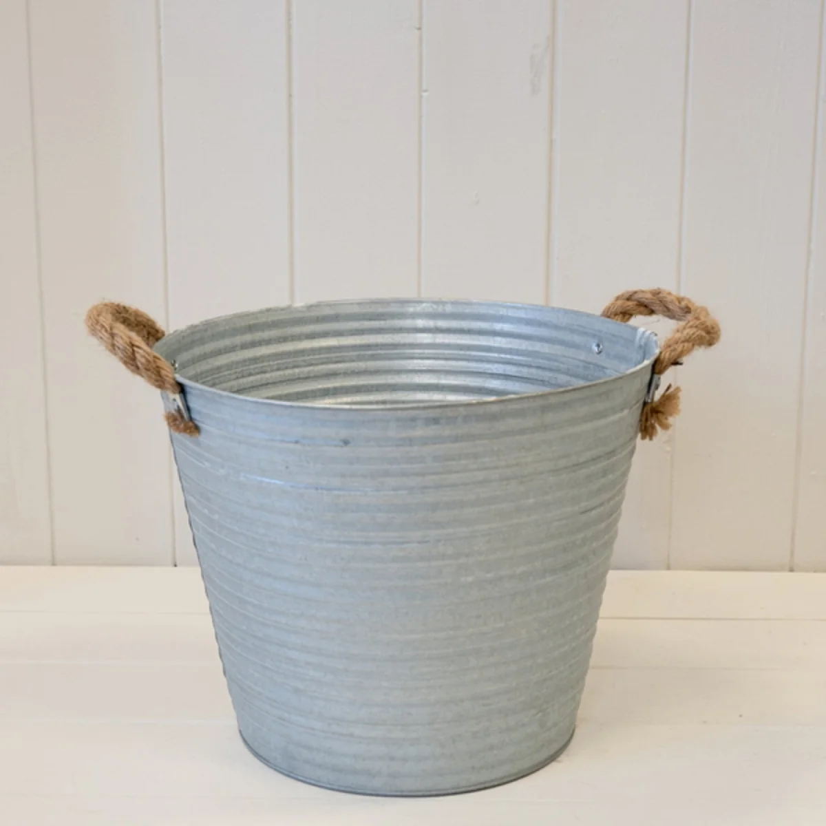 Grey Aged Zinc Planter with Rope Handles & Drainage Hole - Grey – image 3