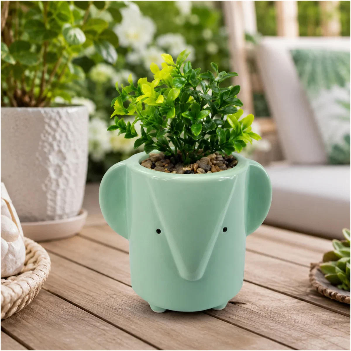 Blue Ceramic Elephant Planter With Artificial Foliage Plant - Green – image 2
