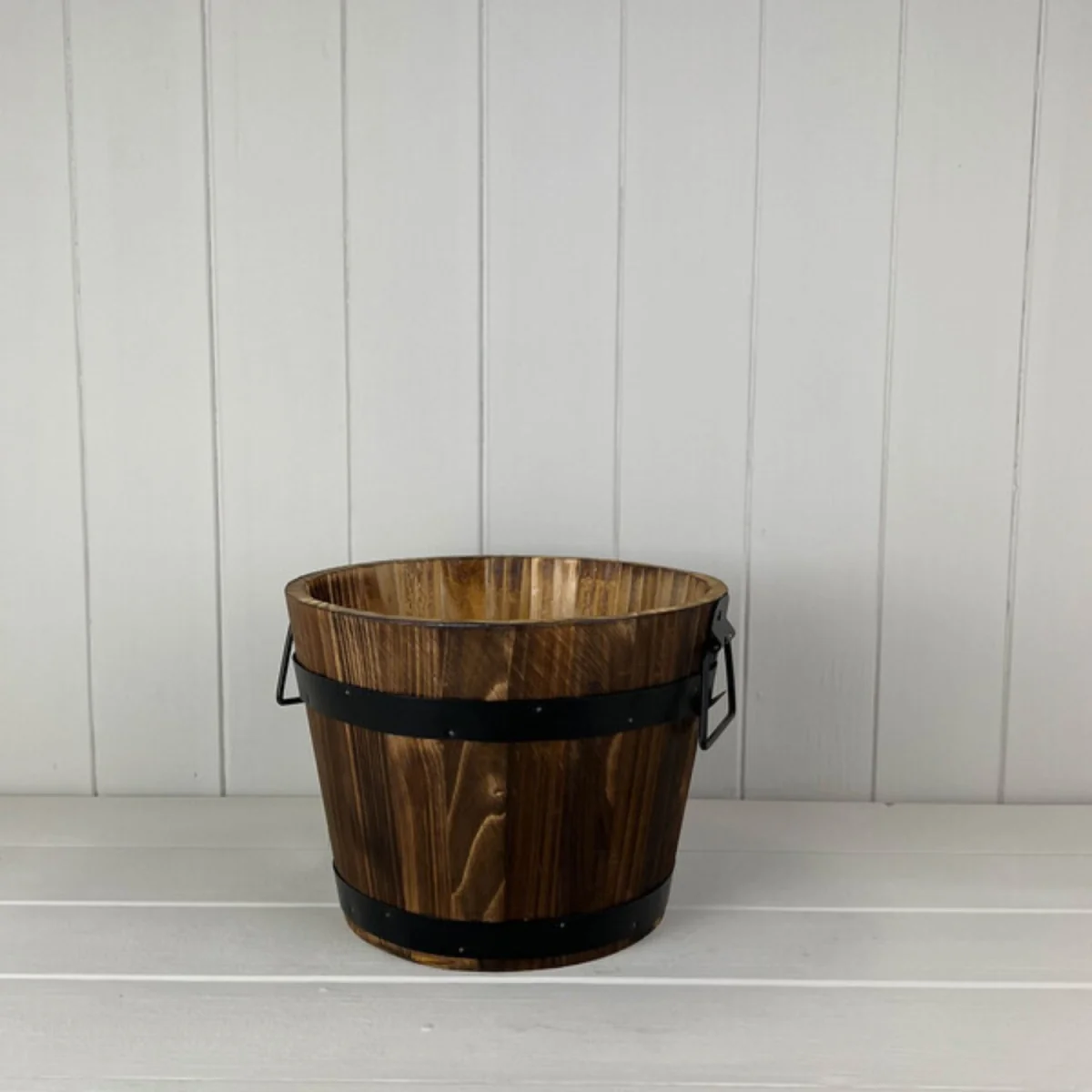 Rustic Brown Wooden Barrel with 2 Metal Bands and handles - Brown