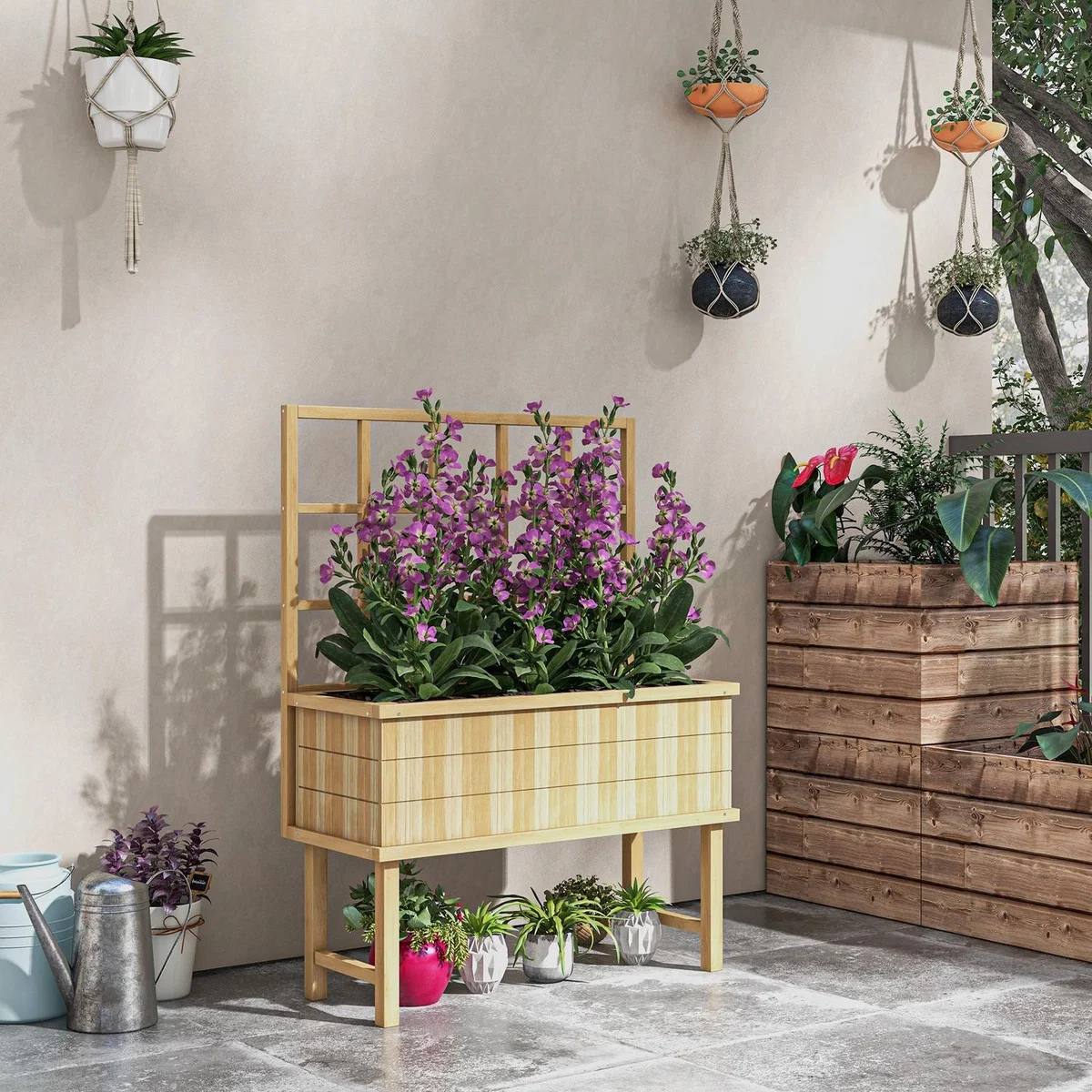 Outsunny Raised Planter w Trellis Drain Hole Elevated 84H-085V00ND - Natural