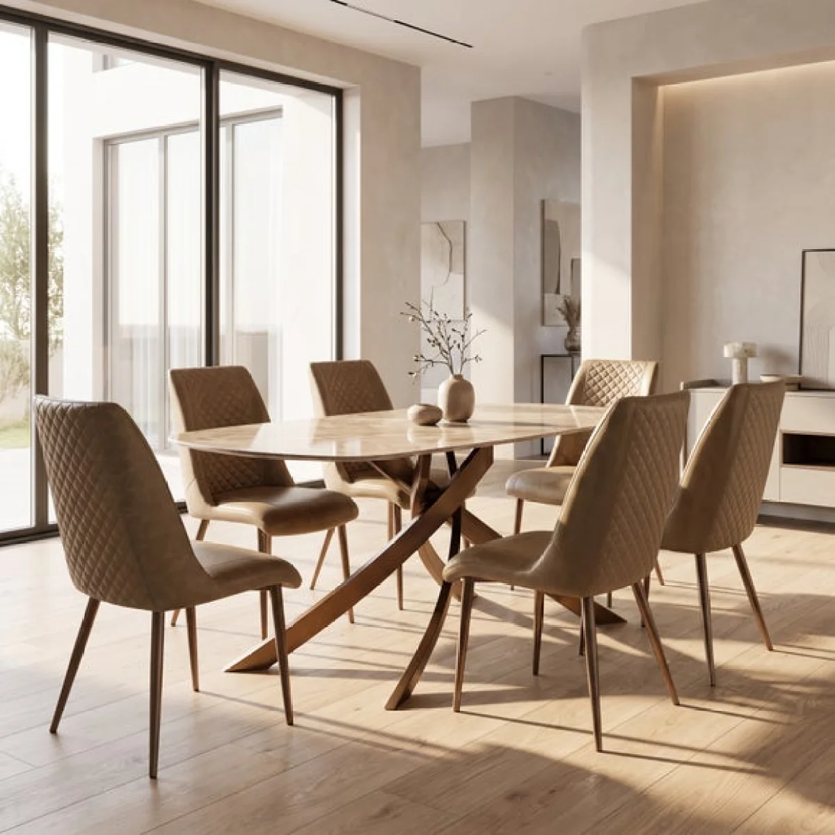 Fendi 6 Seater Dining Table with 6 Amber Faux Leather Dining Chairs – image 1