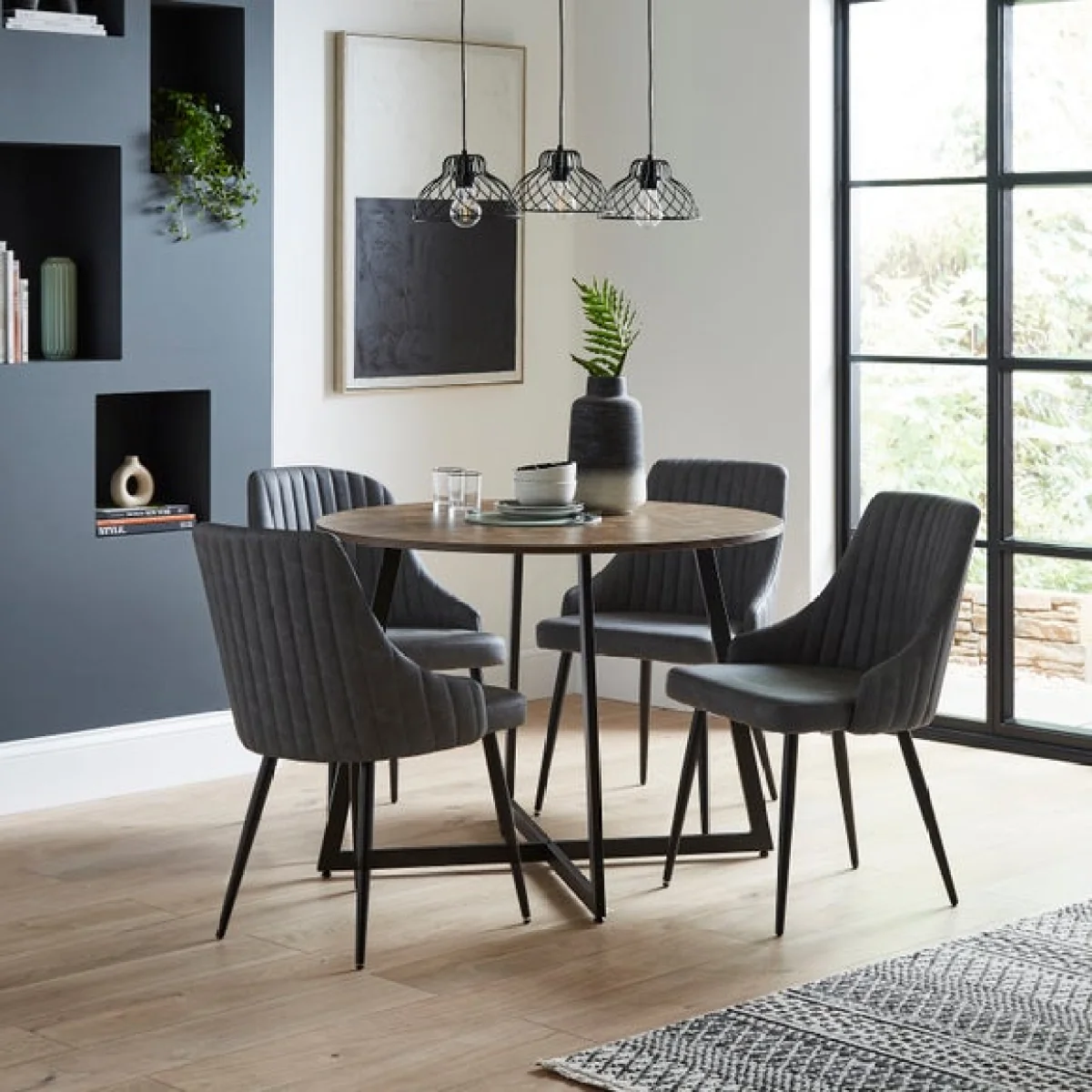 Brayden 4 Seater Round Dining Table with 4 Shea Grey Faux Leather Dining Chairs – image 1
