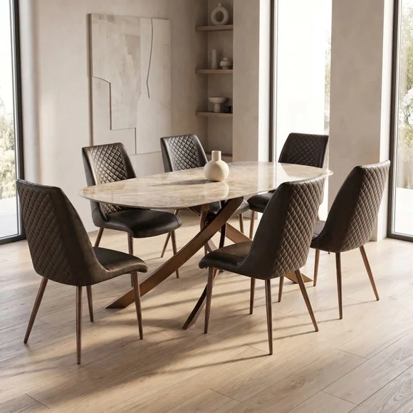 Fendi 6 Seater Dining Table with 6 Amber Faux Leather Dining Chairs – image 1