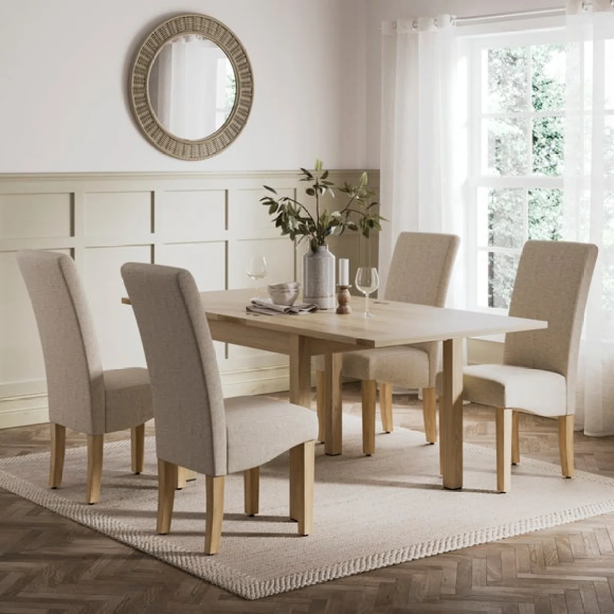 Olney 4-6 Seater Oak Effect Fliptop Dining Table with 4 Aiden Natural Boucle Dining Chairs – image 2