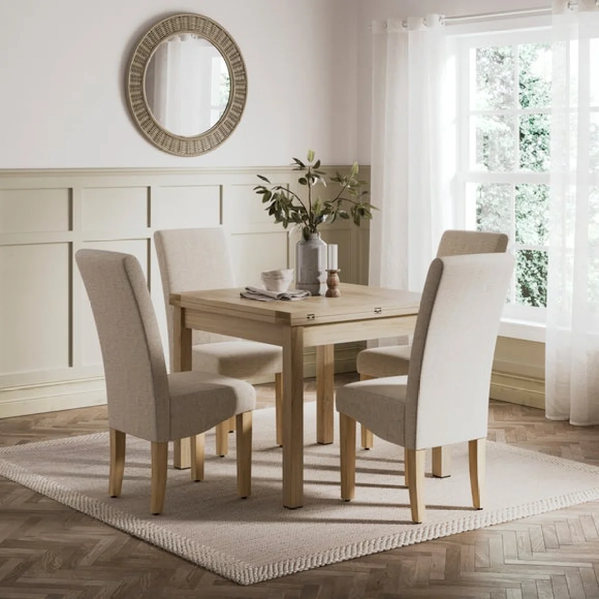 Olney 4-6 Seater Oak Effect Fliptop Dining Table with 4 Aiden Natural Boucle Dining Chairs – image 3