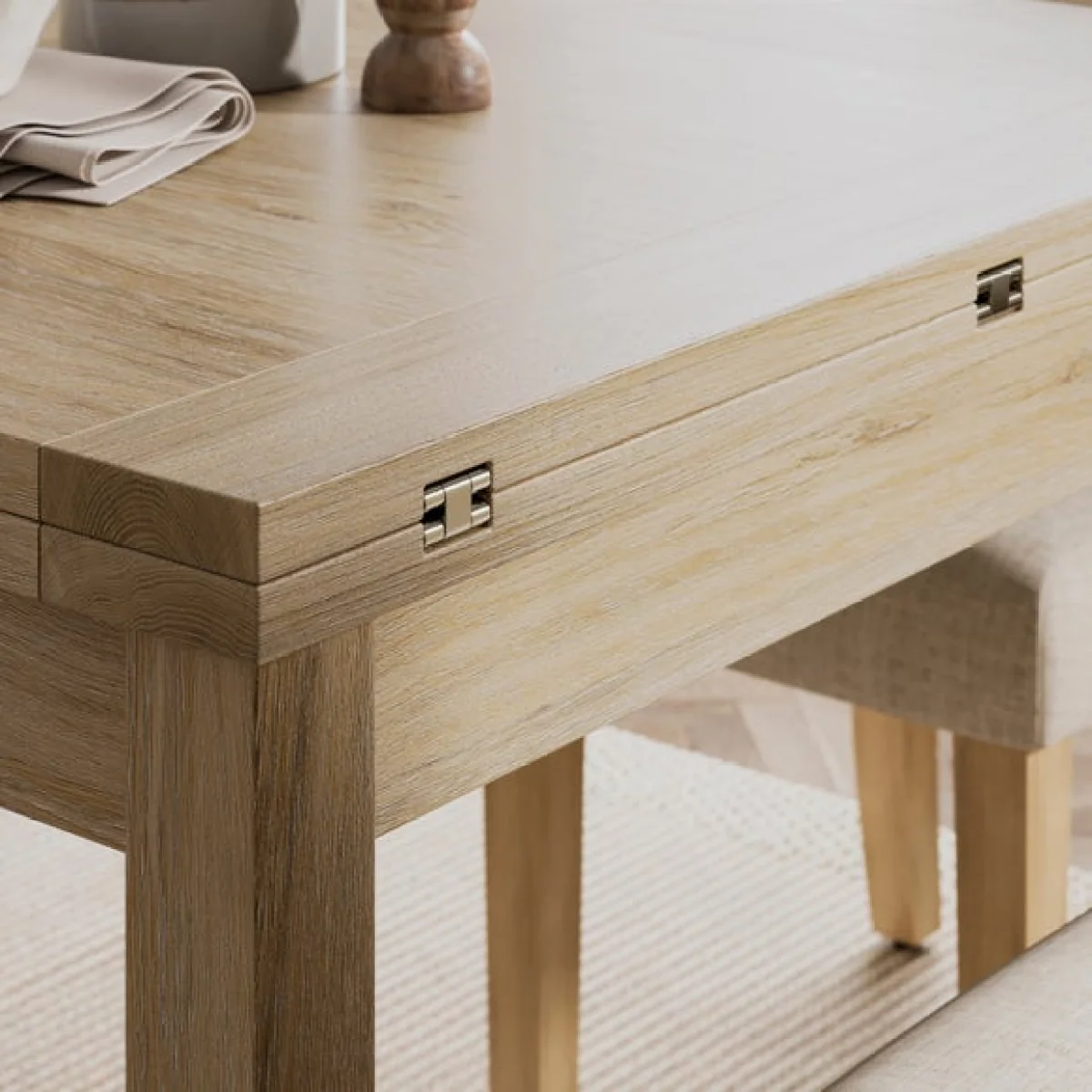 Olney 4-6 Seater Oak Effect Fliptop Dining Table with 4 Aiden Natural Boucle Dining Chairs – image 4