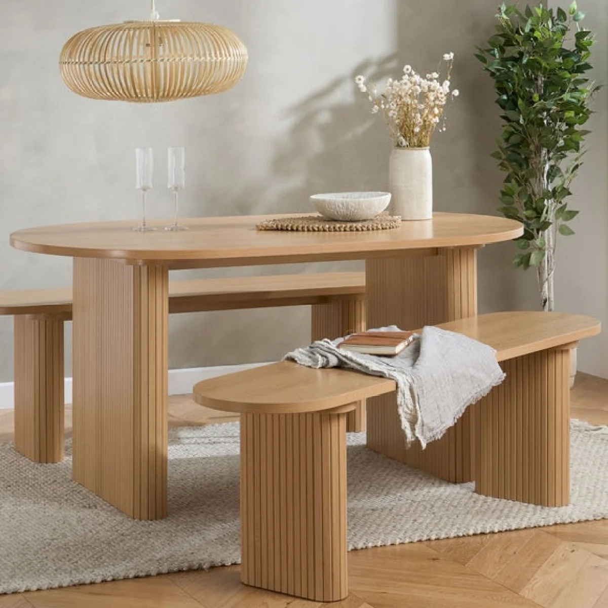 Axel Fluted Oval Dining Table with 2 Benches – image 1