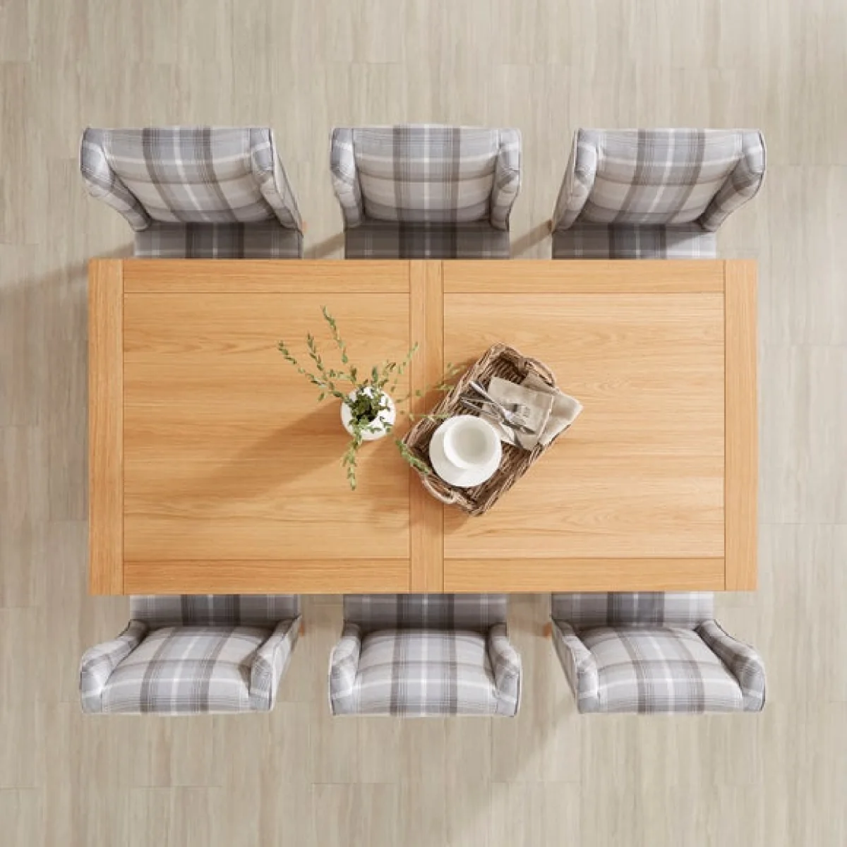 Xavi 6-8 Seater Extending Dining Table with 6 Oswald Grey Country Check Dining Chairs – image 2