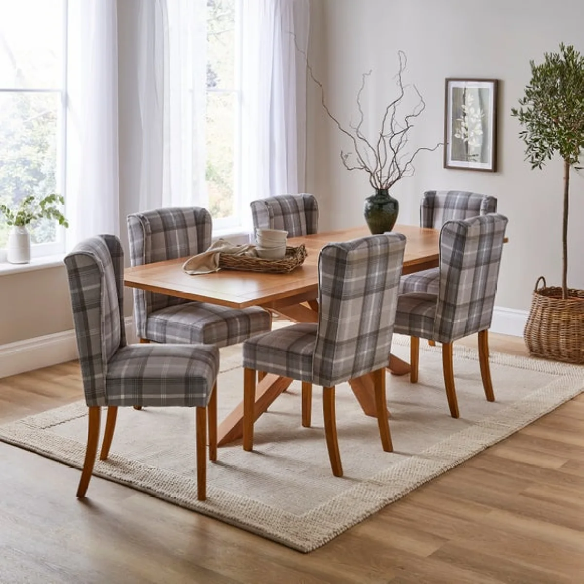 Xavi 6-8 Seater Extending Dining Table with 6 Oswald Grey Country Check Dining Chairs – image 1