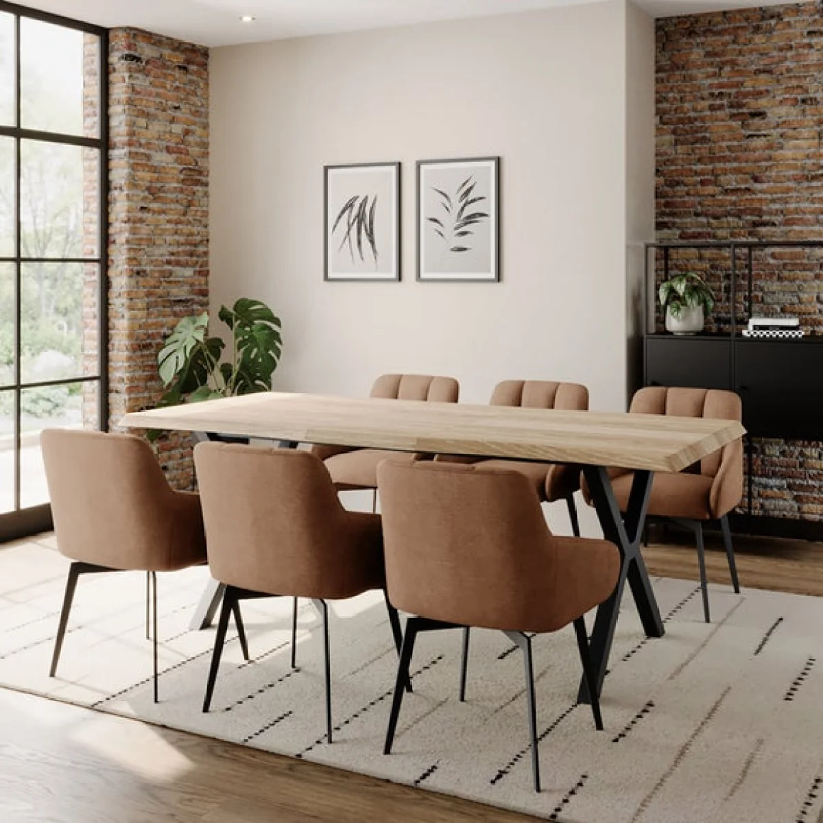 Ezra II 4-6 Seater Extending Light Wood Dining Table with 4 Jase Brown Faux Leather Dining Chairs – image 1