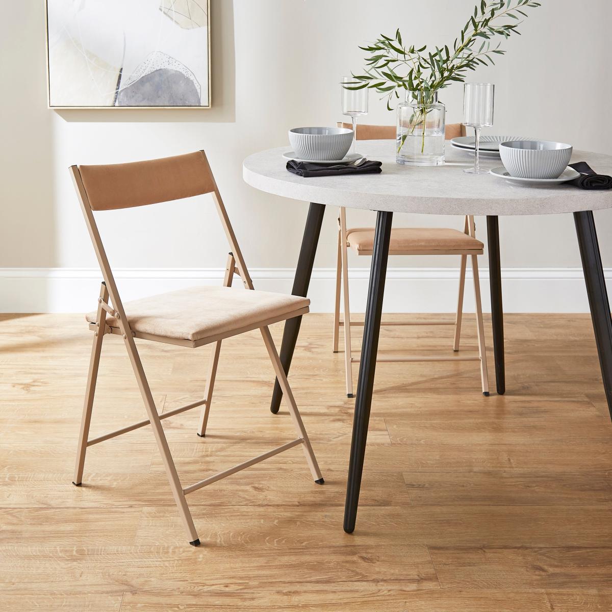Zuri Round Dining Table with Emily Mink Velvet Folding Dining Chairs – image 2