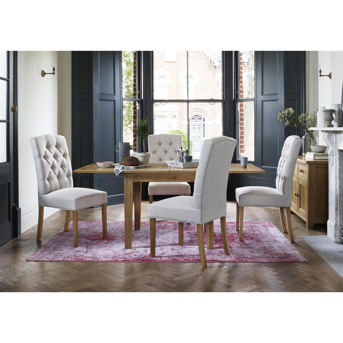 California Solid Oak Flip Top Extending Table and 6 Button Back Upholstered Chairs – image 2